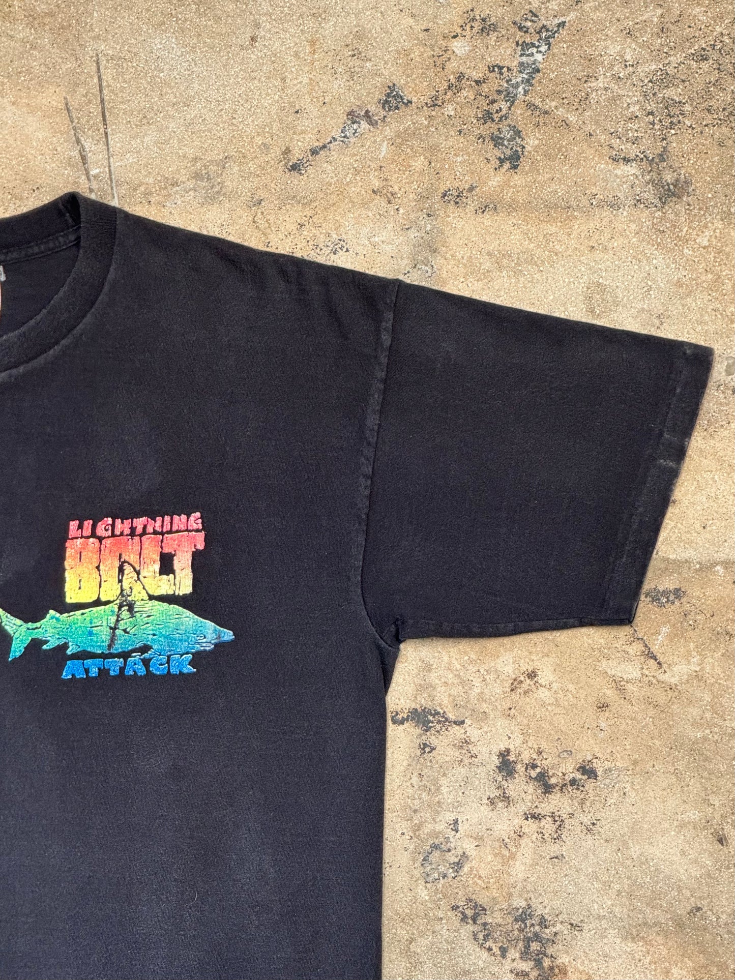 1980s Lightning Bolt Attack Black and Fluorescent Tee