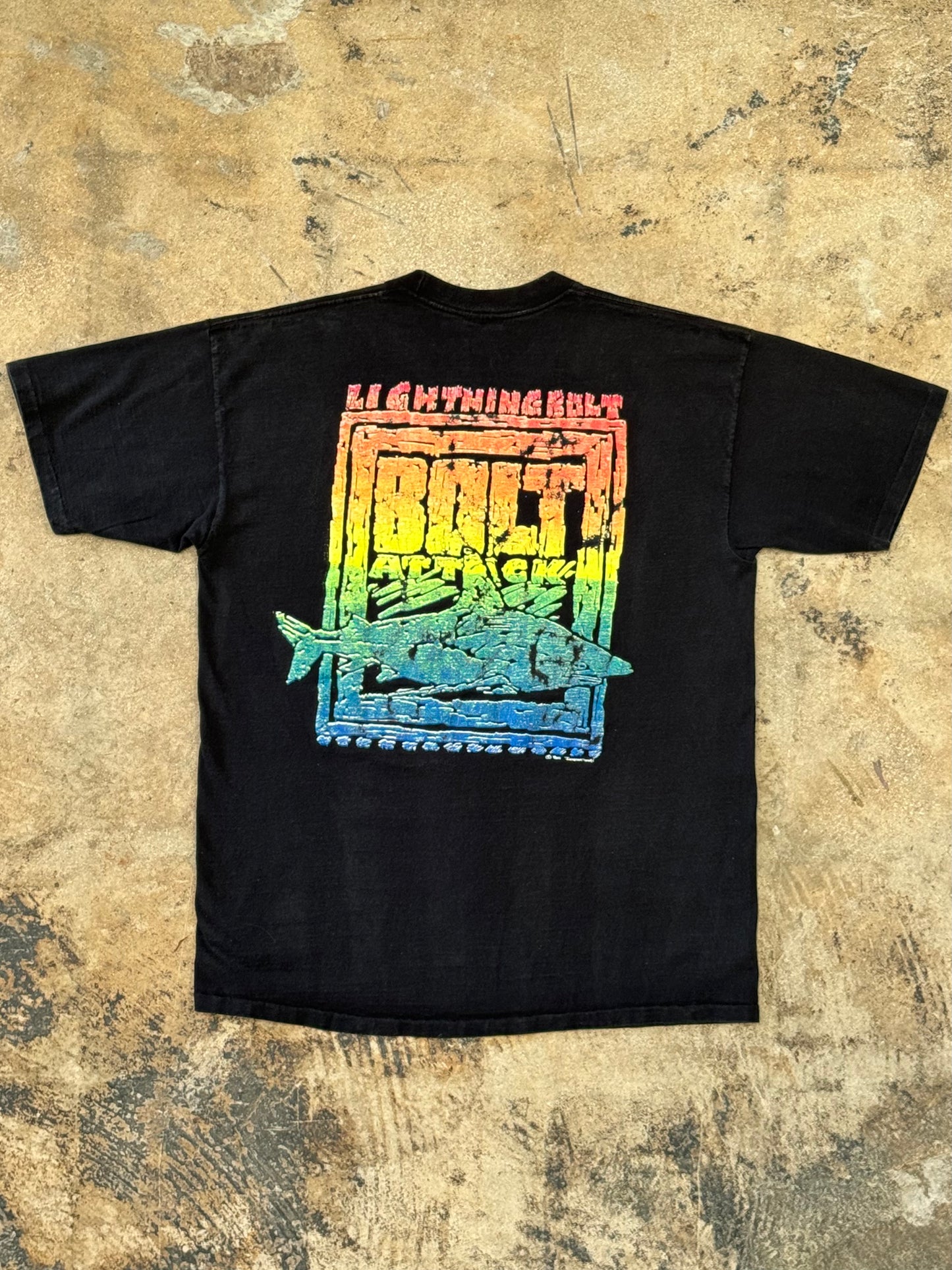 1980s Lightning Bolt Attack Black and Fluorescent Tee