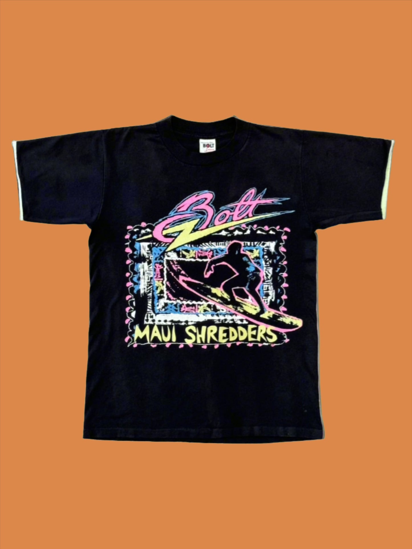 1980s Lightning Bolt Maui Shredders Black and Fluorescent Tee