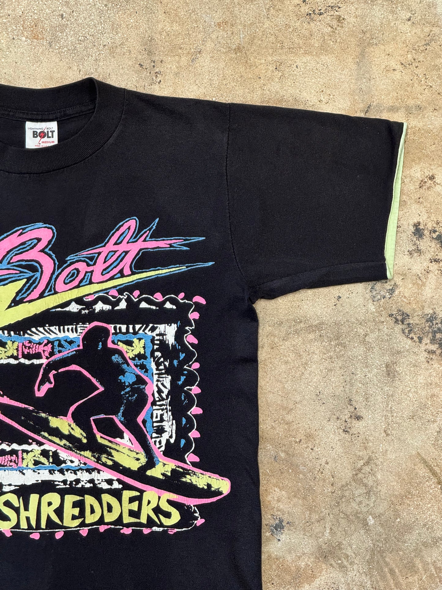 1980s Lightning Bolt Maui Shredders Black and Fluorescent Tee